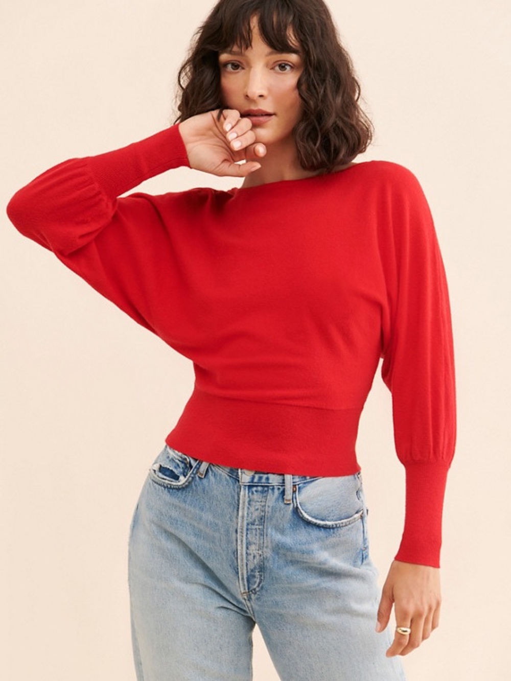 Anthropologie Red Boatneck Ribbed-Hem Balloon Sleeve Sweater